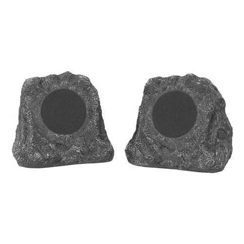 Pair of rock-shaped outdoor Bluetooth speakers in grey stone finish