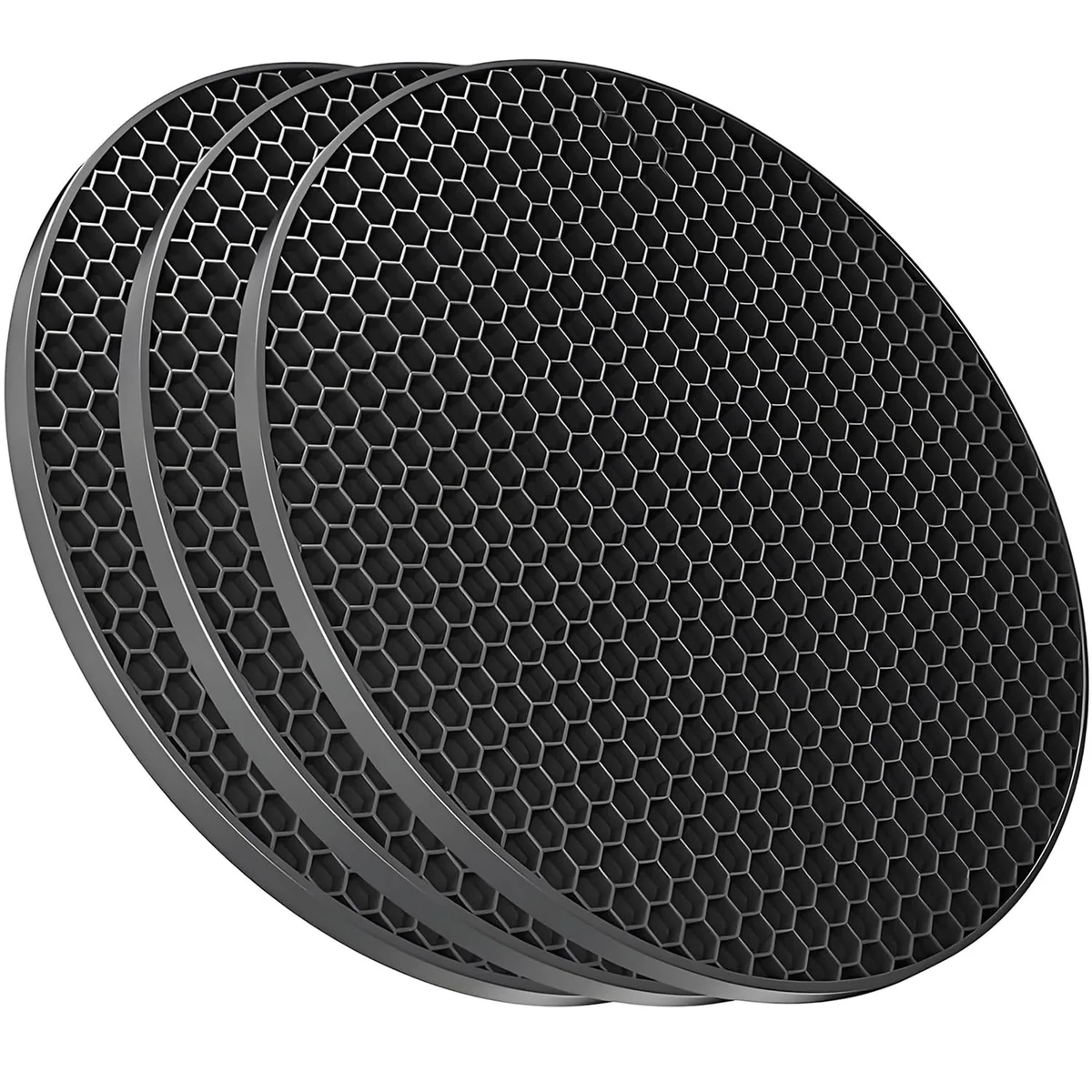 Three black silicone trivet mats with honeycomb pattern, 3.5 inch diameter