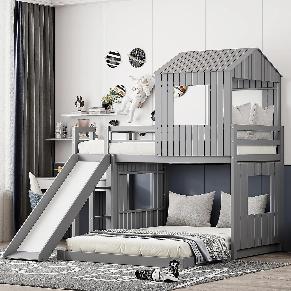 tuphen tuphen Wooden Twin Over Full Bunk Bed Playhouse Gray — product photo