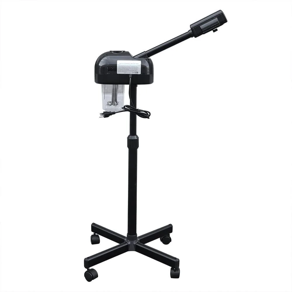 Black facial steamer on wheels with LCD panel, rotatable nozzle, adjustable height stand, visible water tank