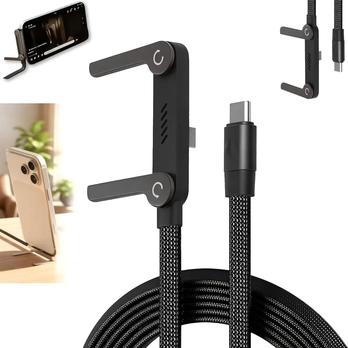 Braided USB-C cable with 90° connector and 360° rotating metal stand