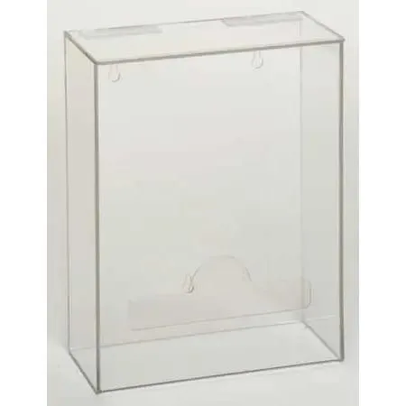 Clear PETG hairnet dispenser, rectangular box with hinged lid, wall-mountable