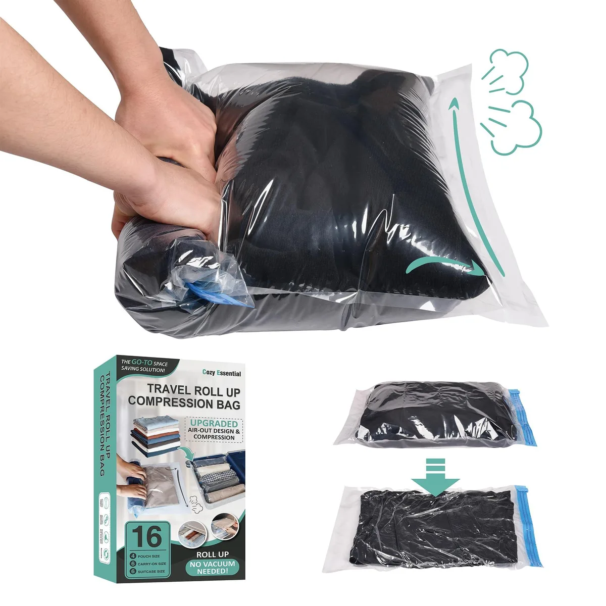 Transparent nylon compression bags in three sizes with zipper seals, rolled for travel storage