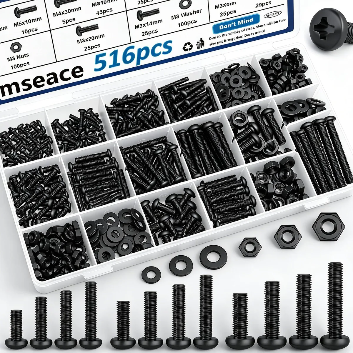  smseace 516Pcs Nuts and Bolts Assortment Kit 21-Sizes M3-M6 — product photo