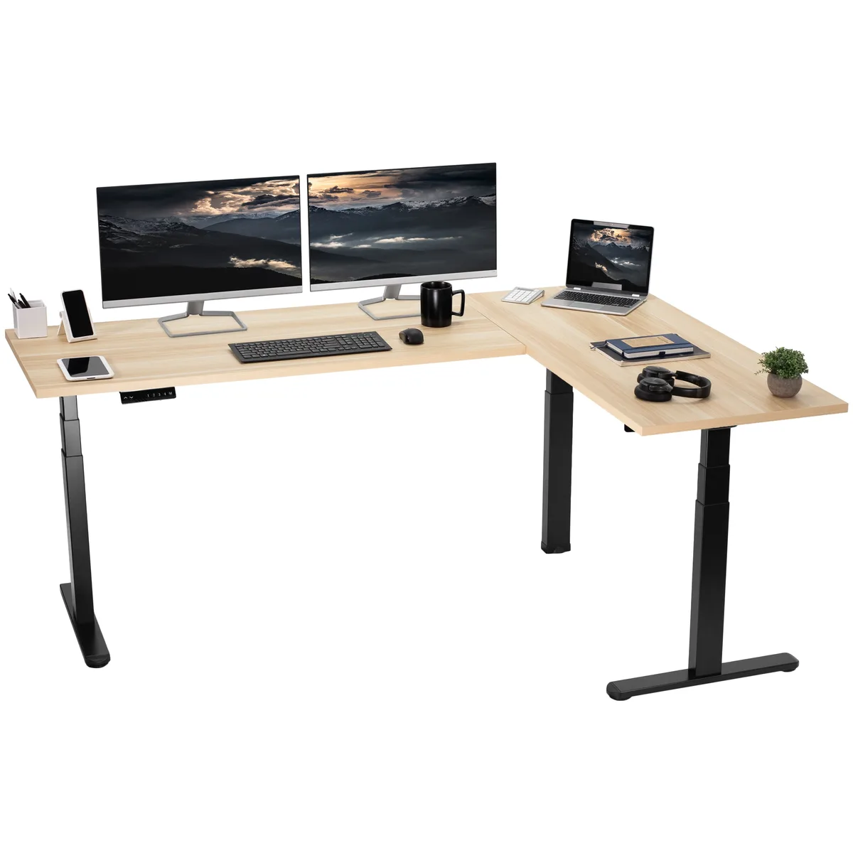 VIVO VIVO Electric Corner Desk 78" x 55" Light Wood/Black — product photo