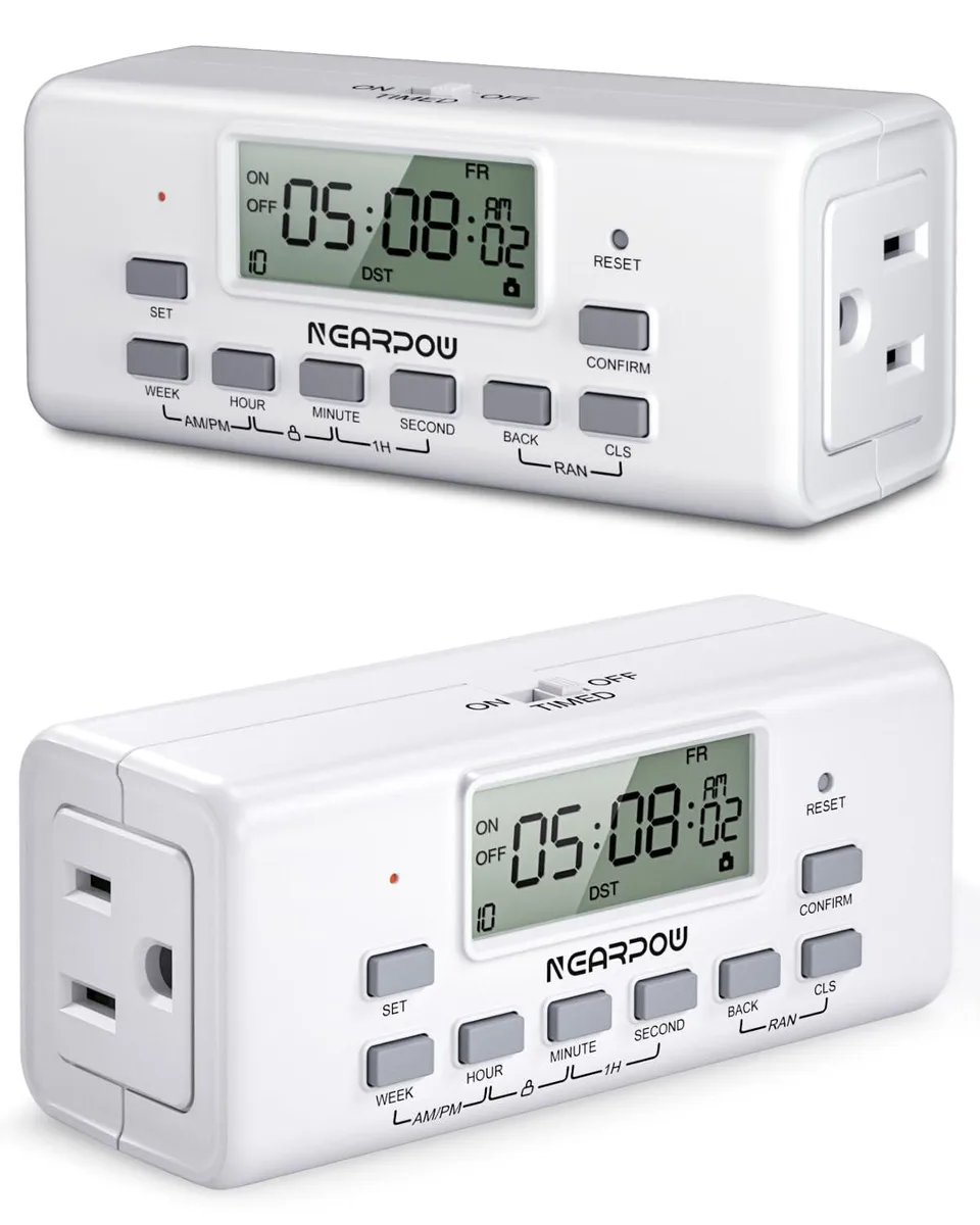 Two white digital timer outlets side by side, each with dual three-prong sockets and LCD display