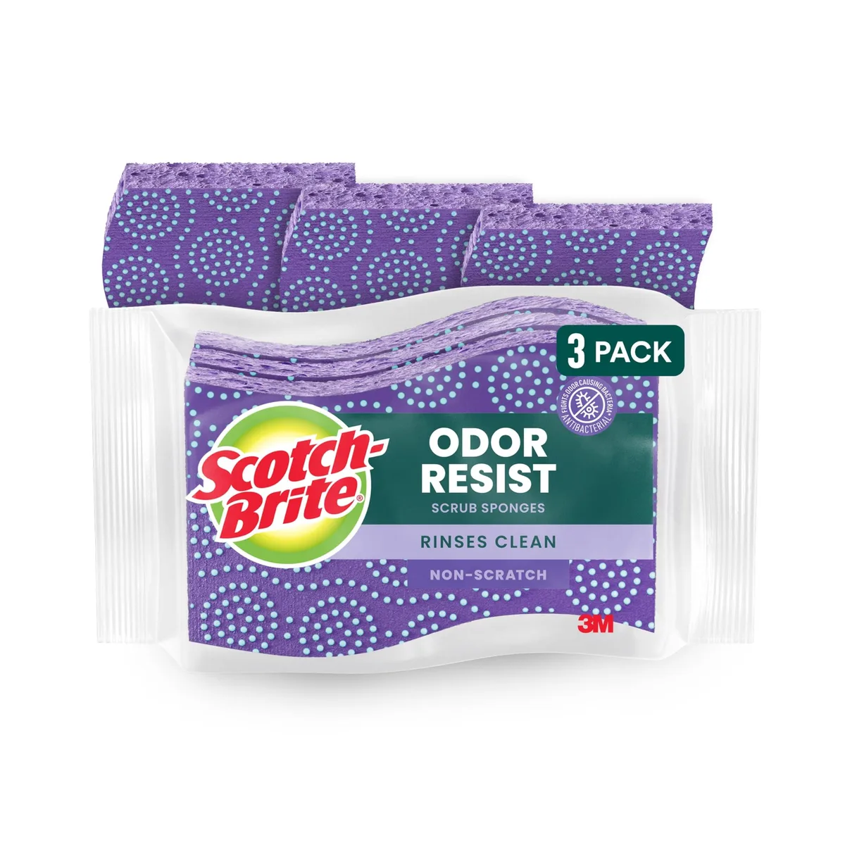 Three rectangular Scotch-Brite non-scratch scrub sponges in blue and green packaging