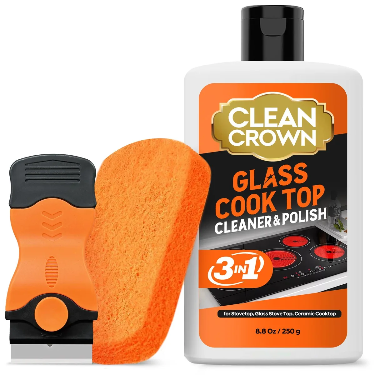 CleanCrown cooktop cleaner kit box with 8.8 oz bottle, scrubbing pad, and scraper