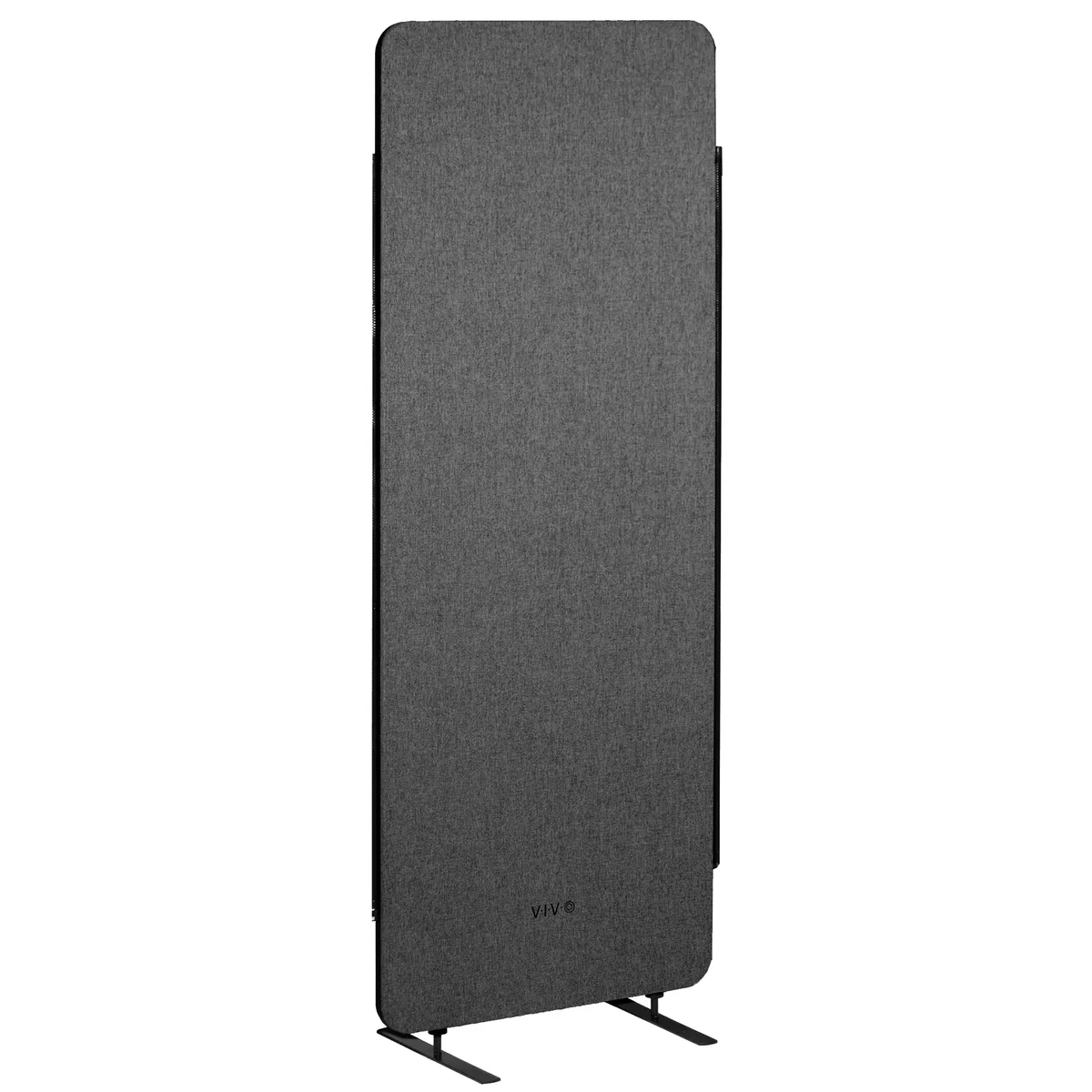 Dark gray freestanding privacy panel, 24 by 66 inches, tackable PET fabric with zipper sides on flexible feet