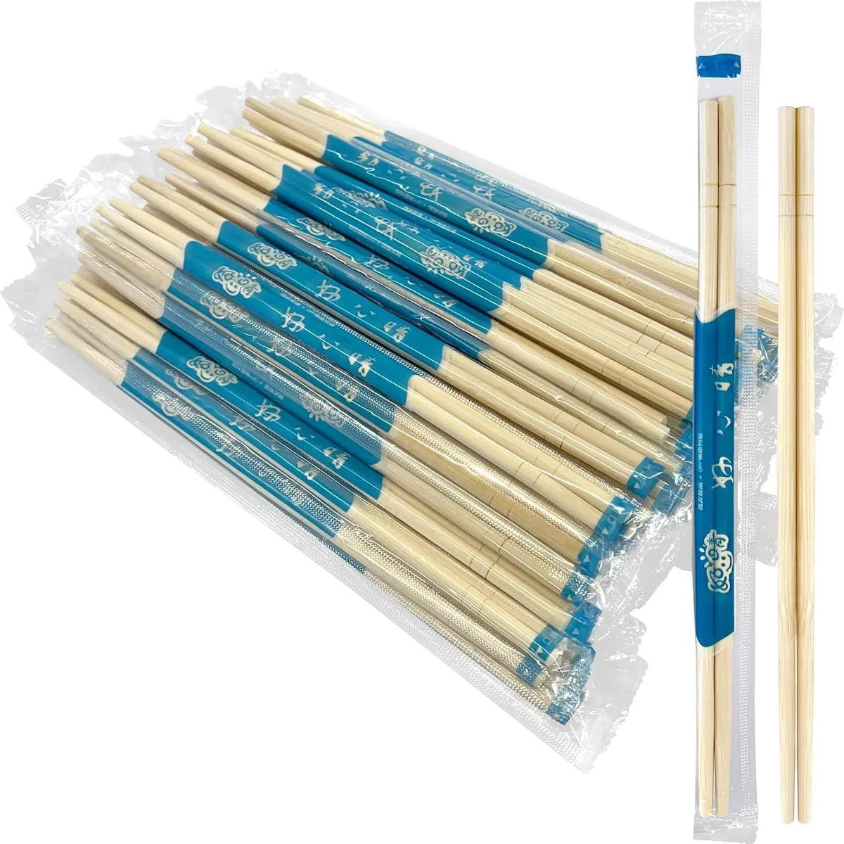 100 pairs of 9-inch bamboo chopsticks, each pair in a paper sleeve, packed in a clear bag