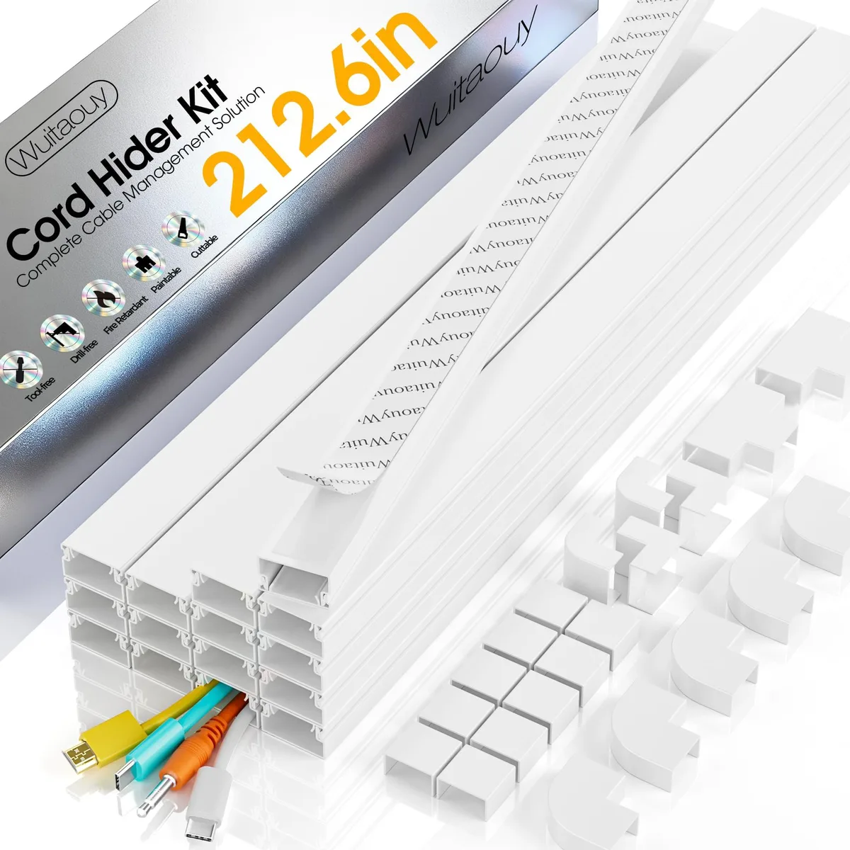  Wuitaouy Cord Hider Raceway 15P 212.6in White Self-Adhesive W0.95 H0.55in 2-3 Wires — product photo
