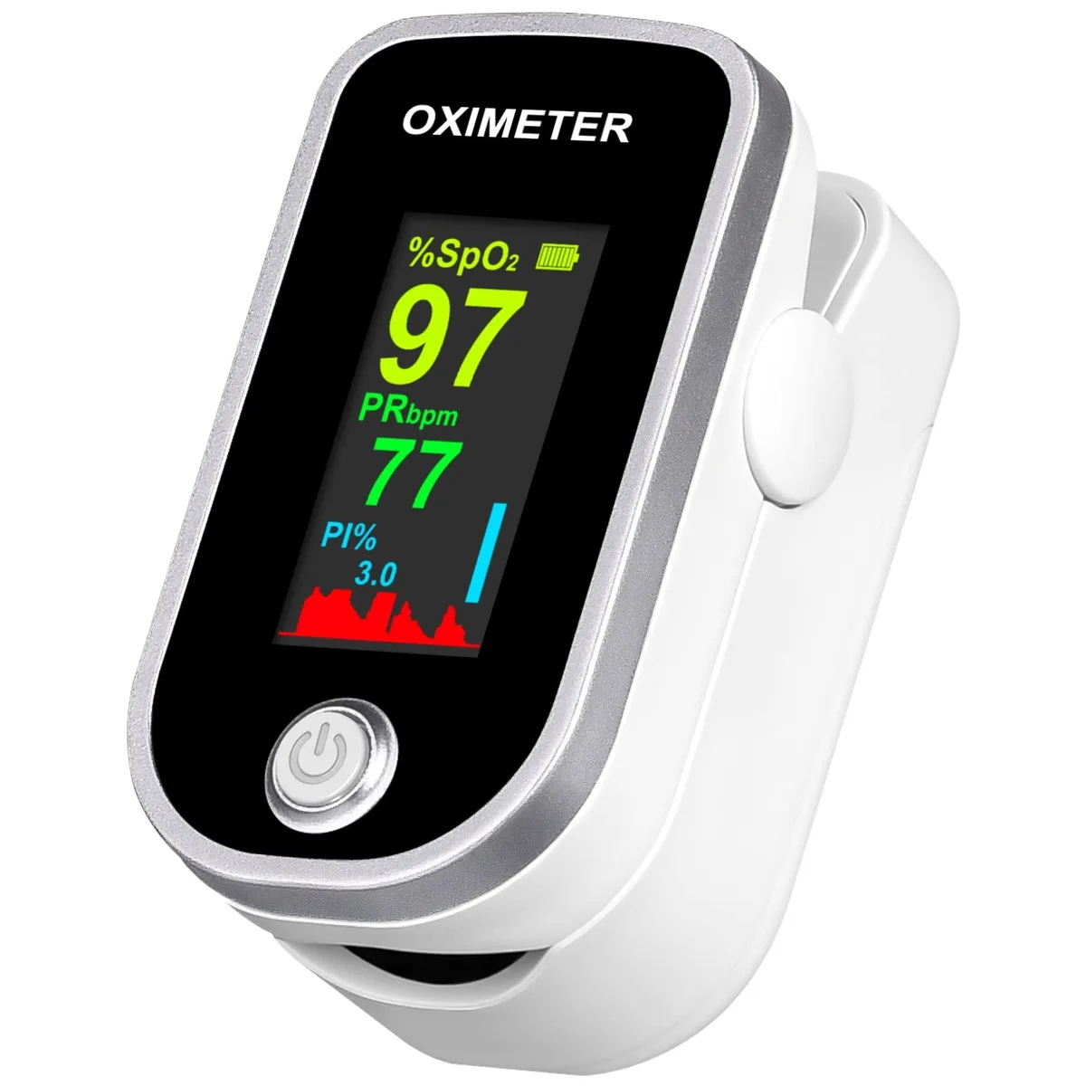White fingertip pulse oximeter with colour TFT screen and lanyard attached