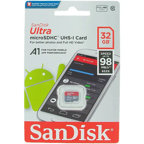 SanDisk SanDisk 32GB microSDHC Class 10 98MB/s SDSQUAR-032G-GN6MN memory card — product photo