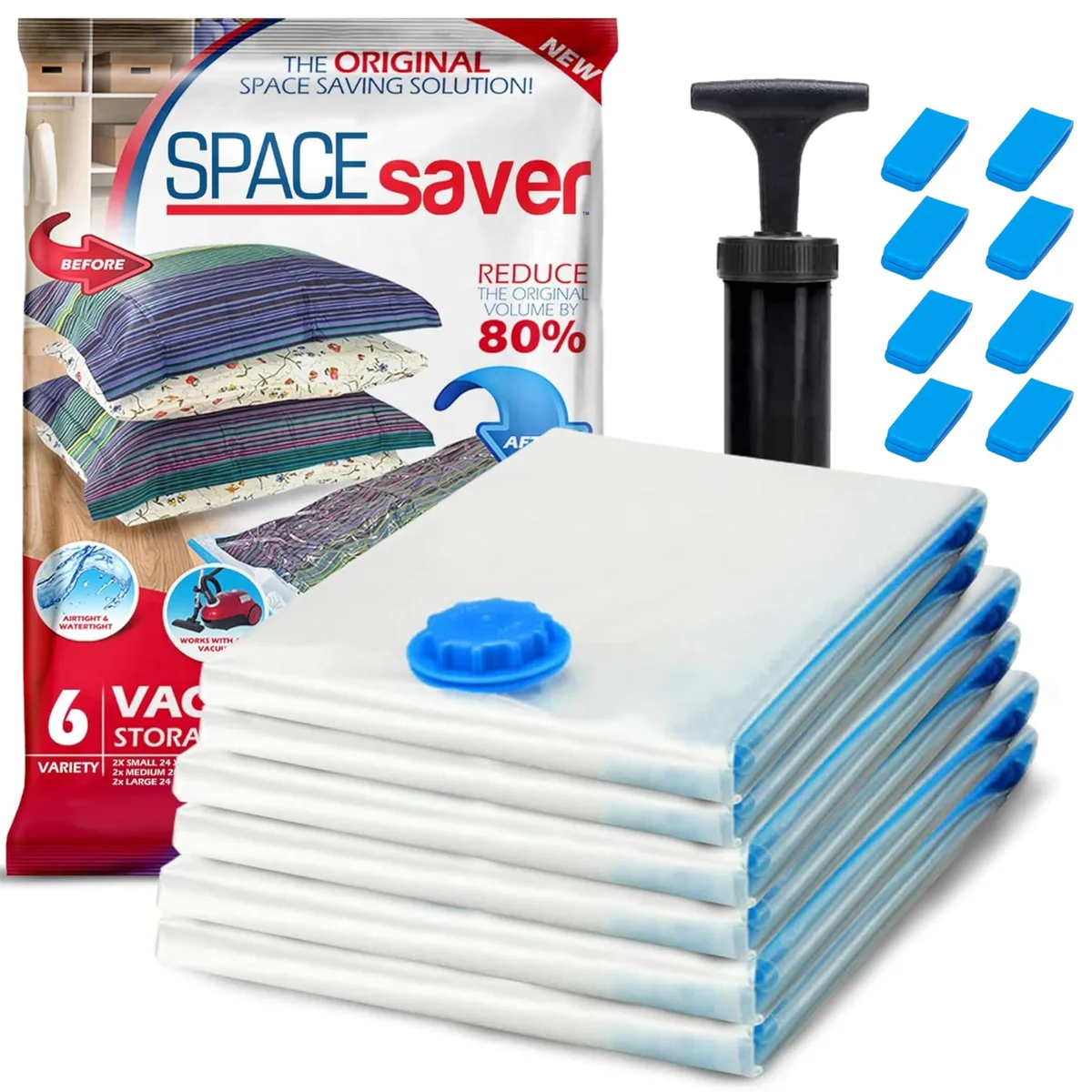 Six vacuum storage bags in three sizes with hand pump, clear plastic with zip seals