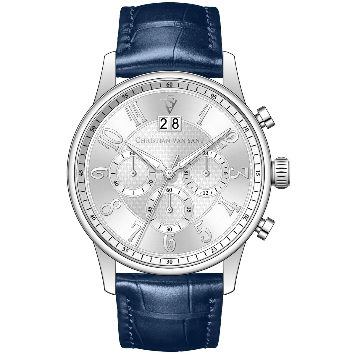 Silver dial chronograph watch on leather strap, stainless steel case