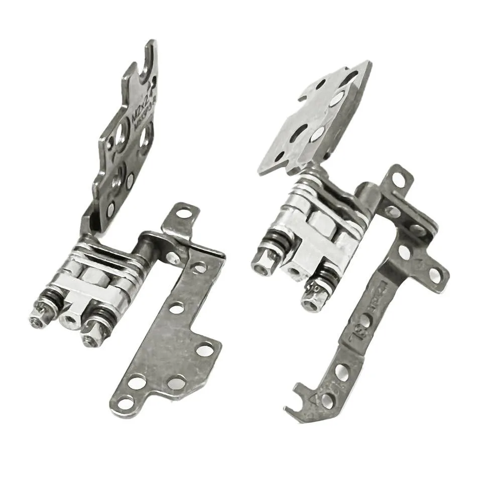 A pair of silver metal laptop screen hinges, left and right