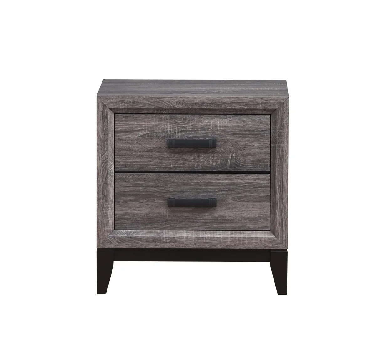 Grey nightstand with two drawers, black hardware, foil grey finish