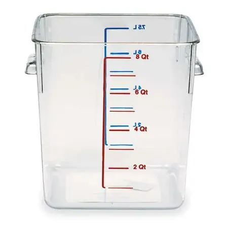 Clear square polycarbonate food container with handle and graduated markings