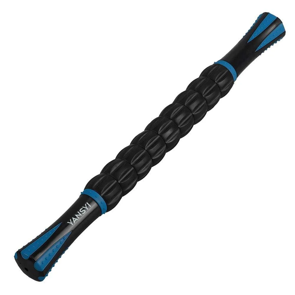 Blue 17.5 inch massage stick with nine rollers and ergonomic handles