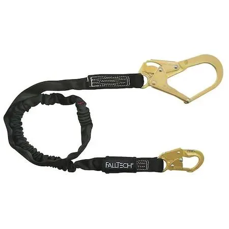 Black polyester shock-absorbing lanyard with steel snap hook and rebar hook, tubular webbing design