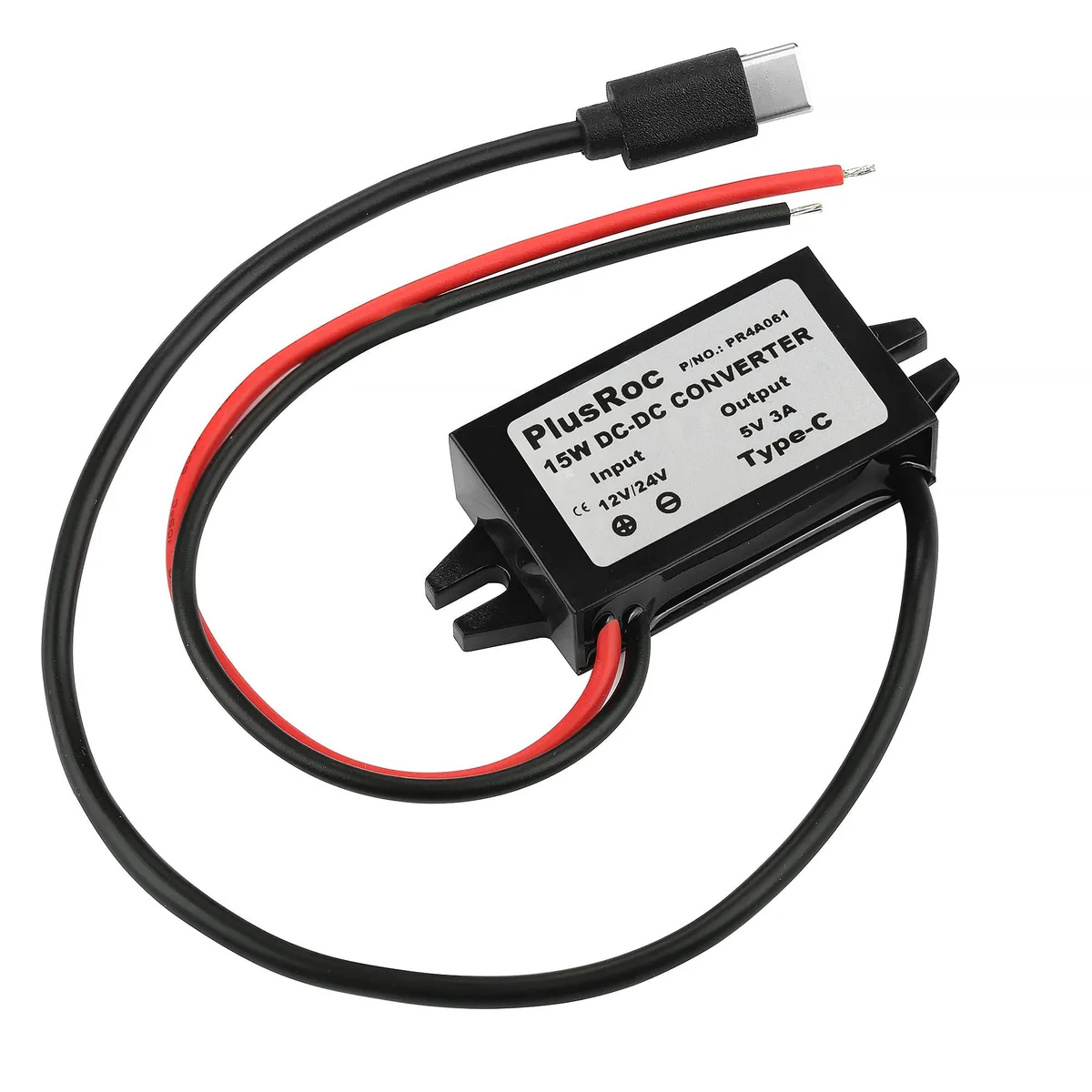 Small black rectangular USB-C power adapter with wires