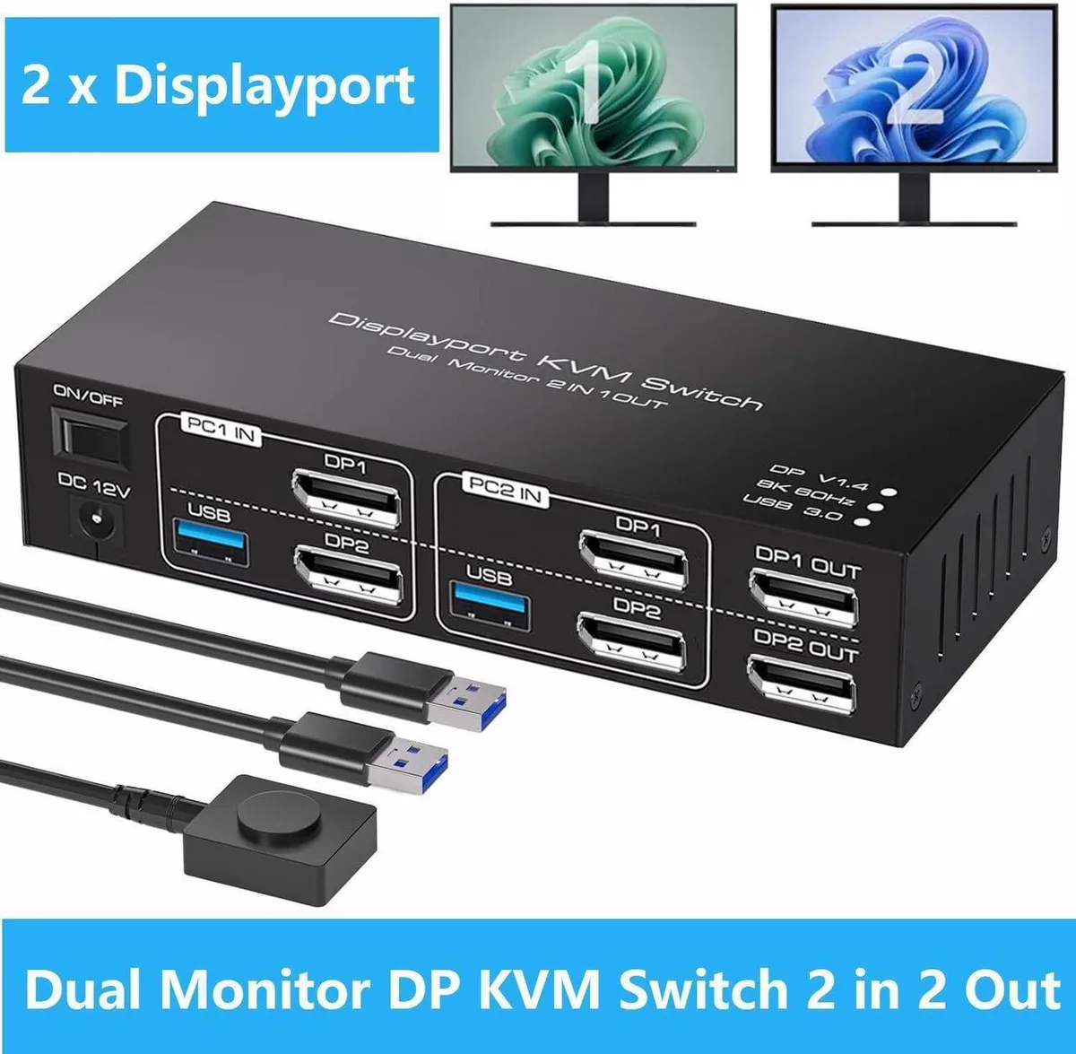 Vszerda Vszerda Dual Monitor DP 1.4 KVM Switch 2 PC 8K 60Hz 4K 144Hz 4 USB 3.0 — product photo