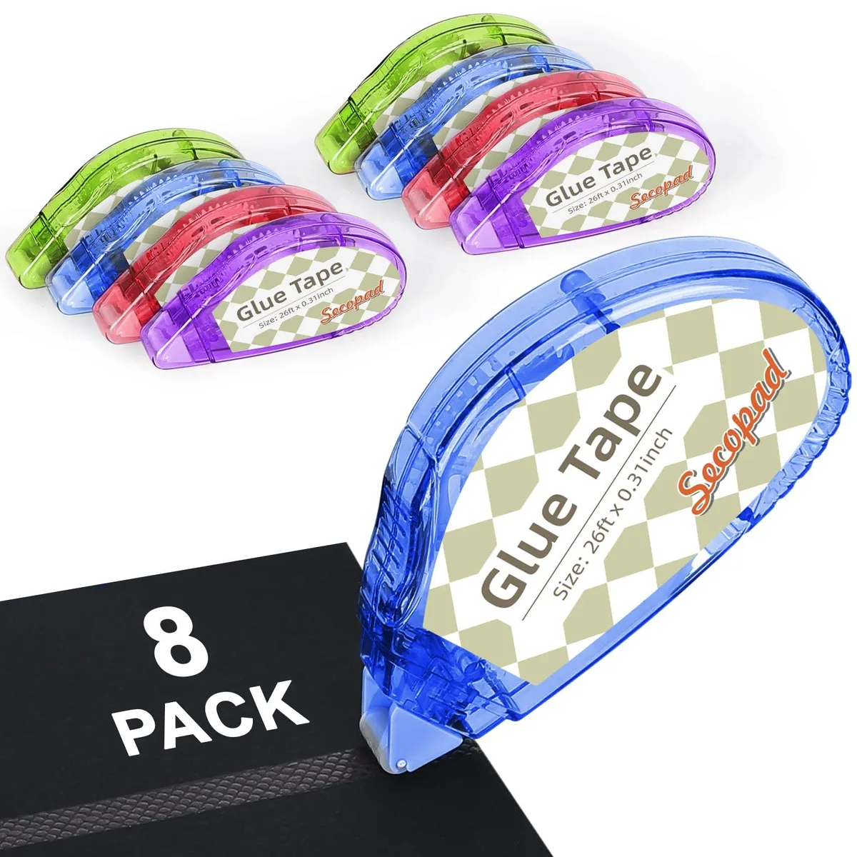 Eight clear plastic tape rollers in a row, each with a coloured shell and a narrow adhesive strip visible at the tip