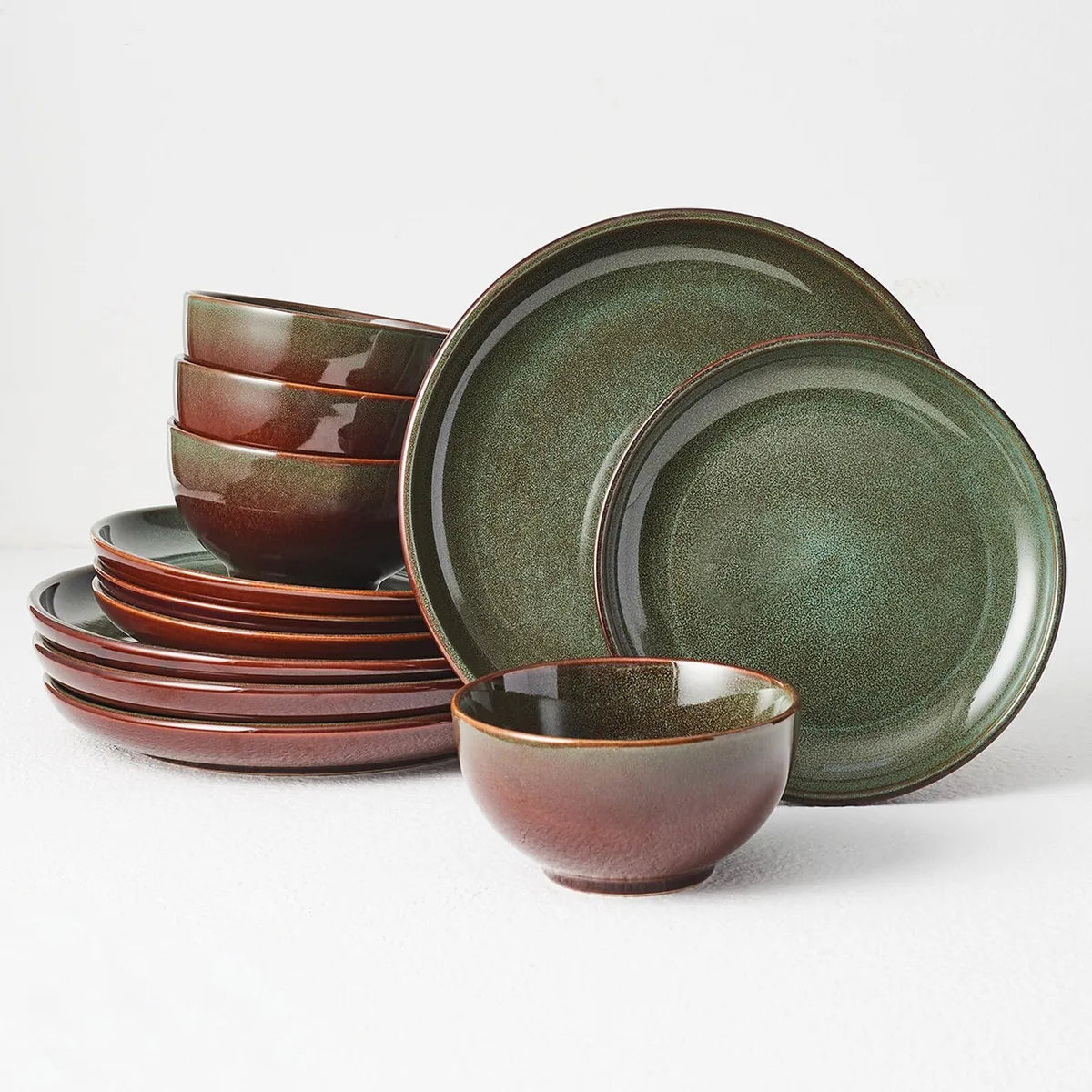 Square ceramic dinnerware set in brown green reactive glaze with white finish