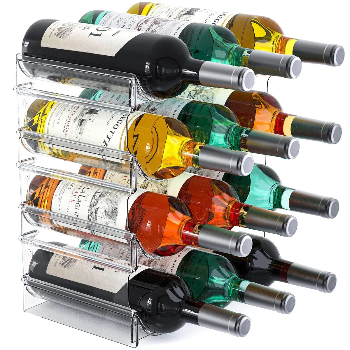 Clear plastic four-tier stackable rack holding twelve bottles