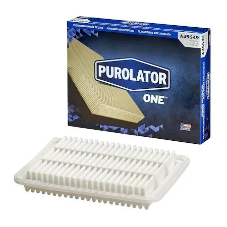White rectangular pleated paper air filter with orange frame and PurolatorONE branding