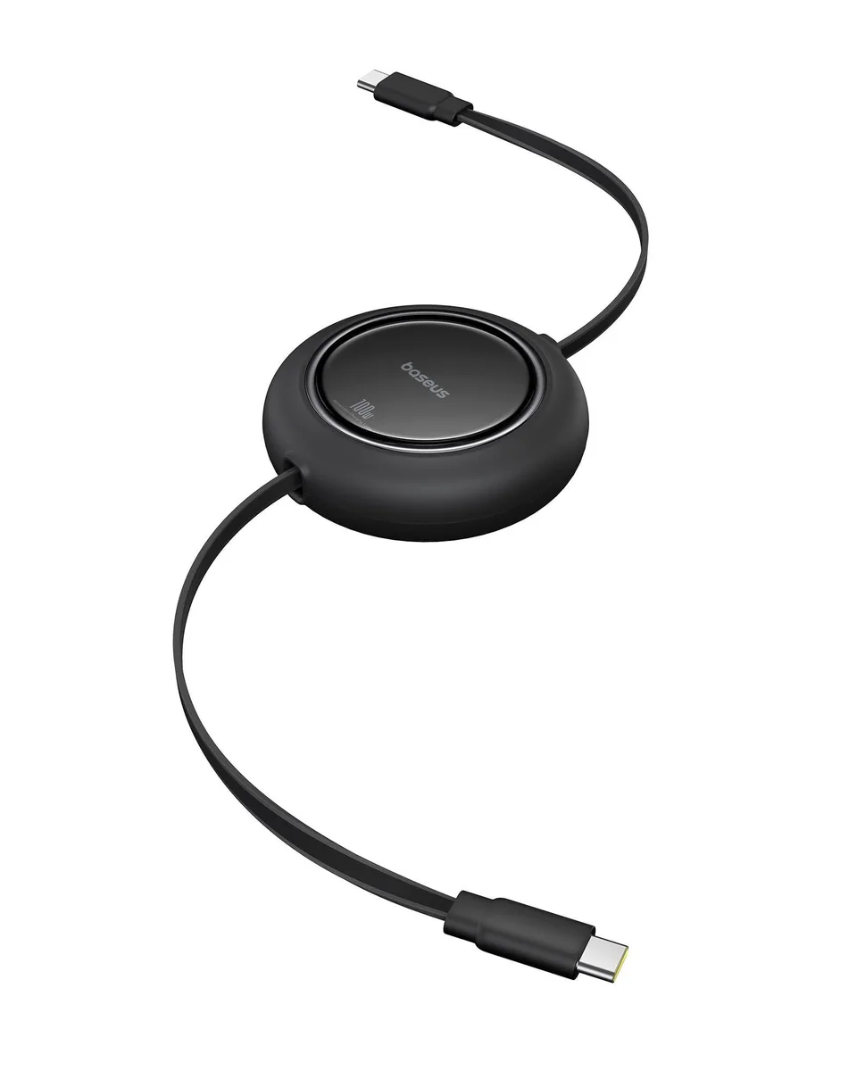 Retractable USB-C cable in white housing, 6.6ft extended, USB-C plugs both ends