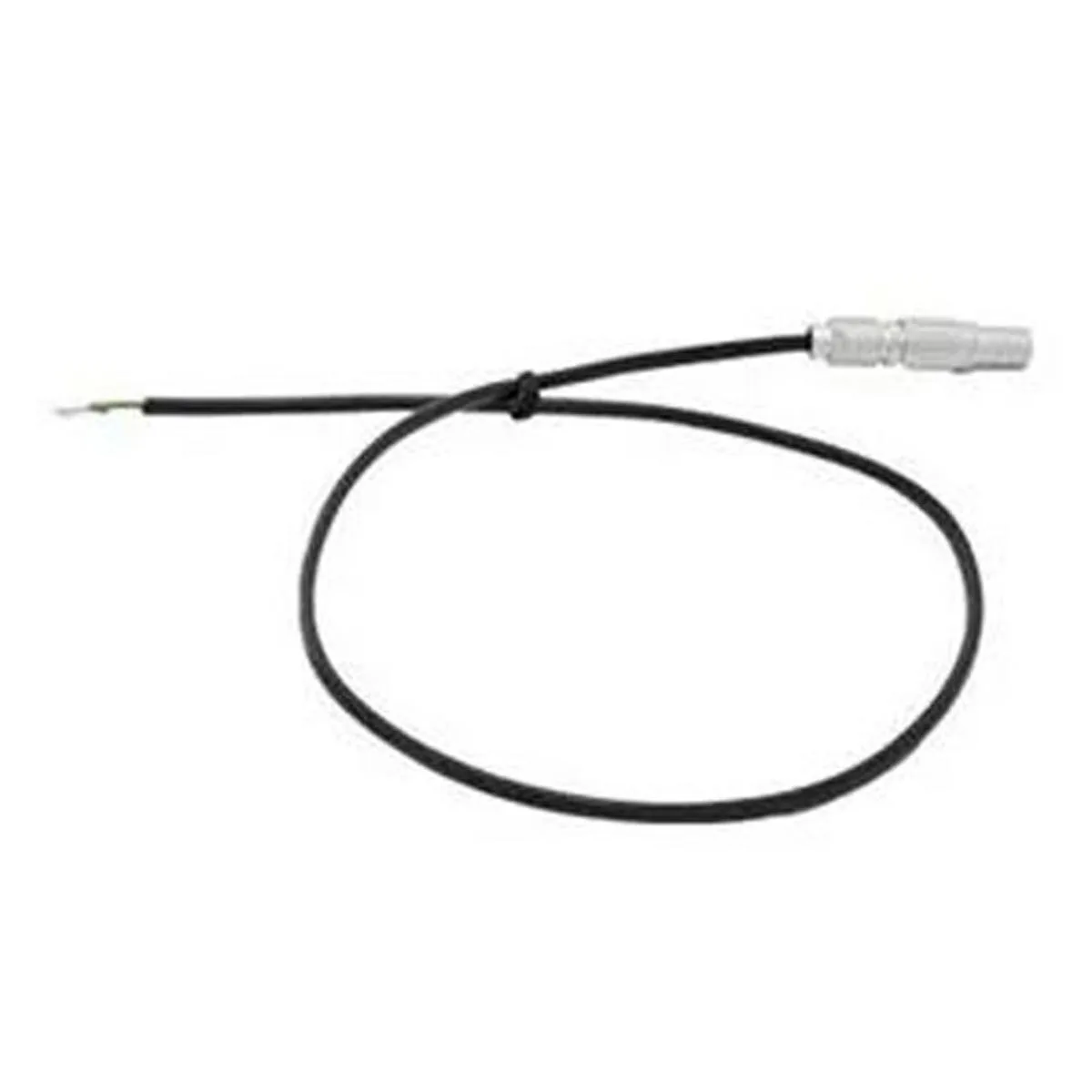 Black coiled cable with silver 2-pin Lemo connector and stripped flying leads, 36 inches long