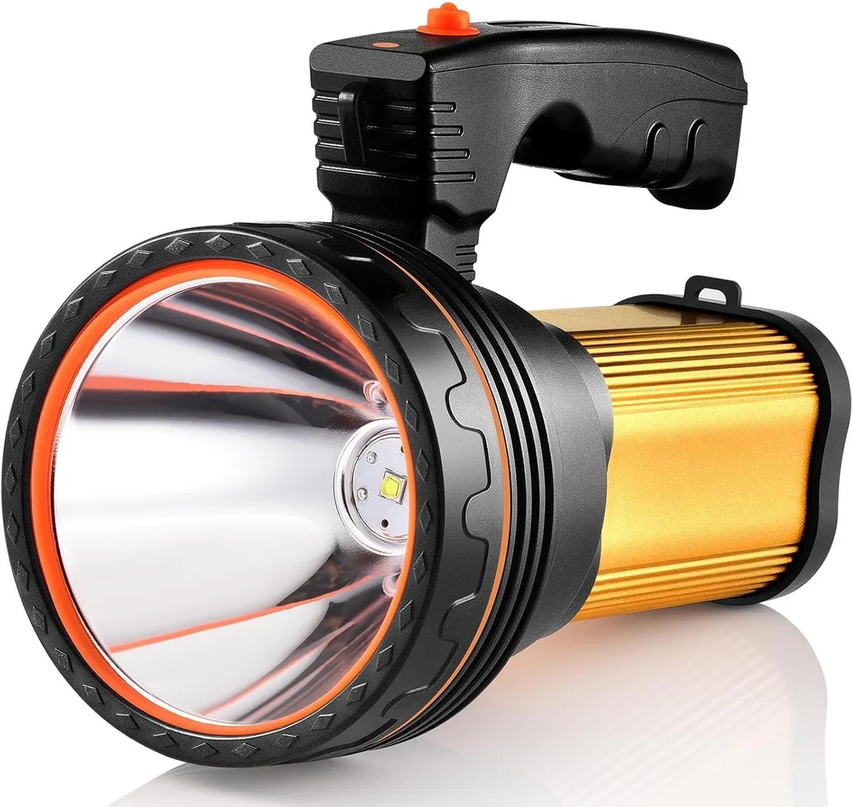 Gold cylindrical flashlight with textured grip and rubber charging port cover