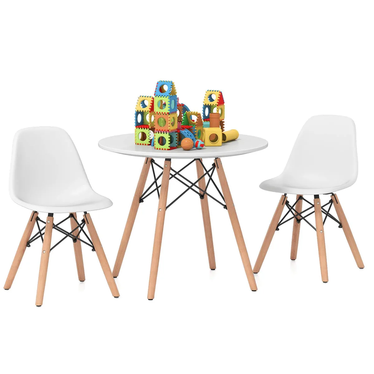 White round table with two armless chairs, wood legs and iron frame