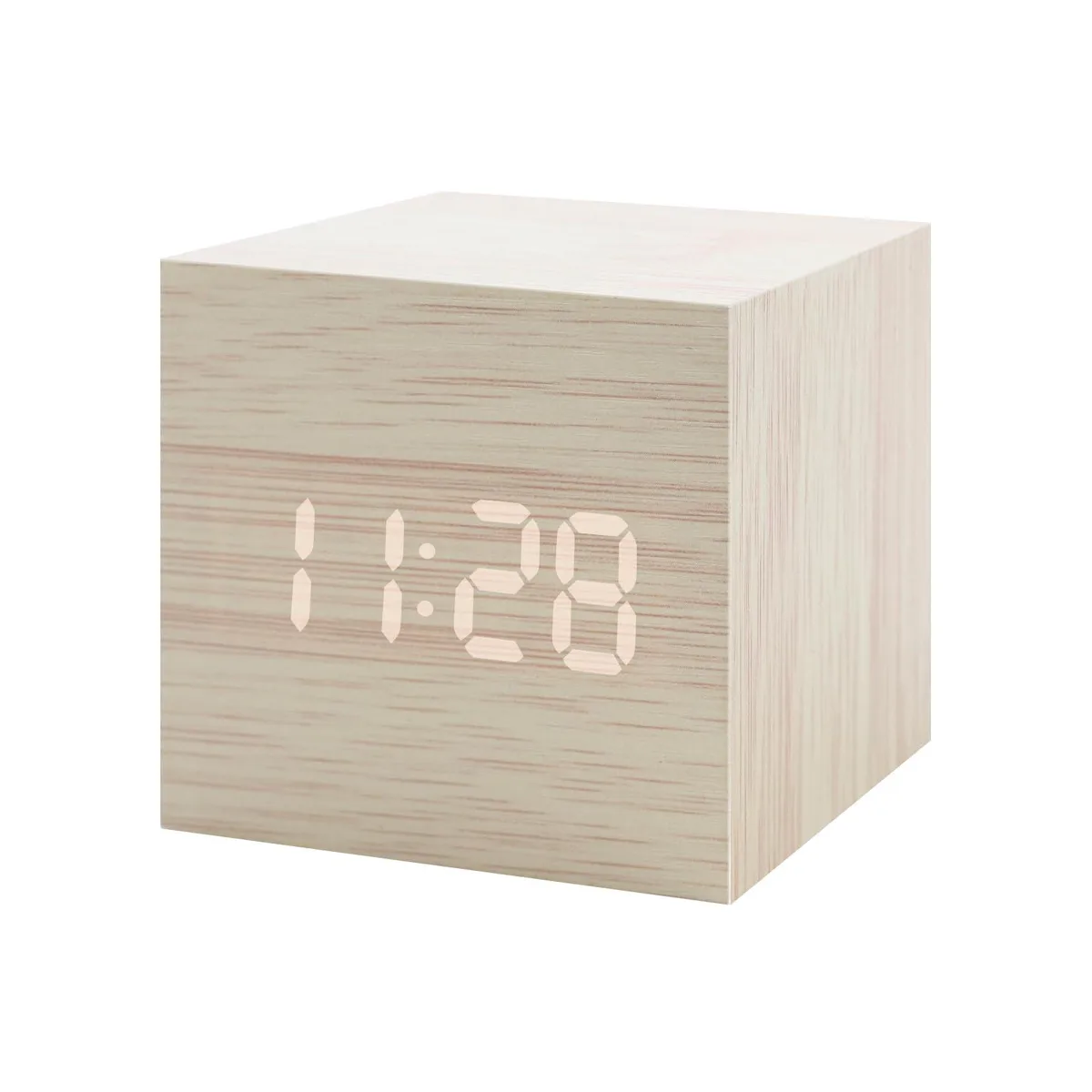 Small square bamboo digital clock with LED display showing time temperature humidity