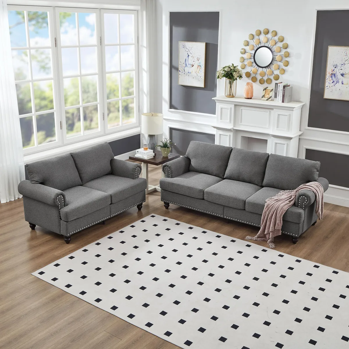 Grey polyester sofa set with nailhead trim and storage under cushions