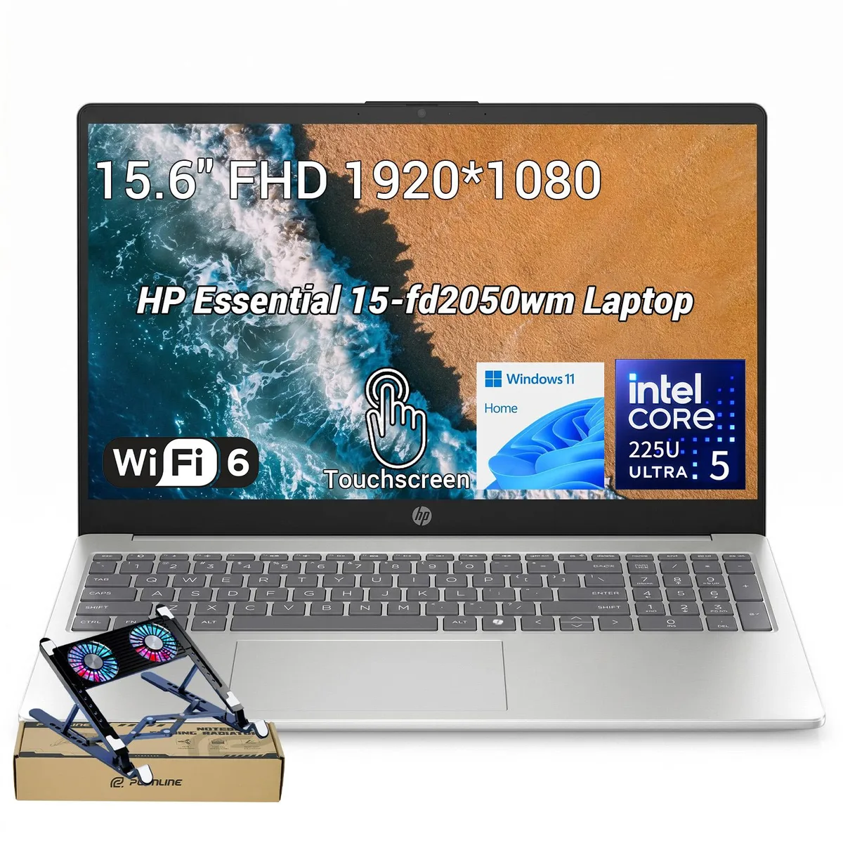 HP HP 15.6" FHD Touchscreen Laptop Intel Core Ultra 5 225U 16GB DDR5 1TB Silver with Cooler — product photo