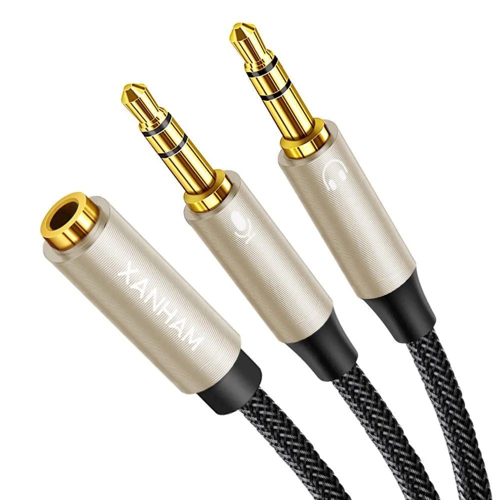 Gold Y-splitter cable with two 3.5 mm TRS plugs and one TRRS jack