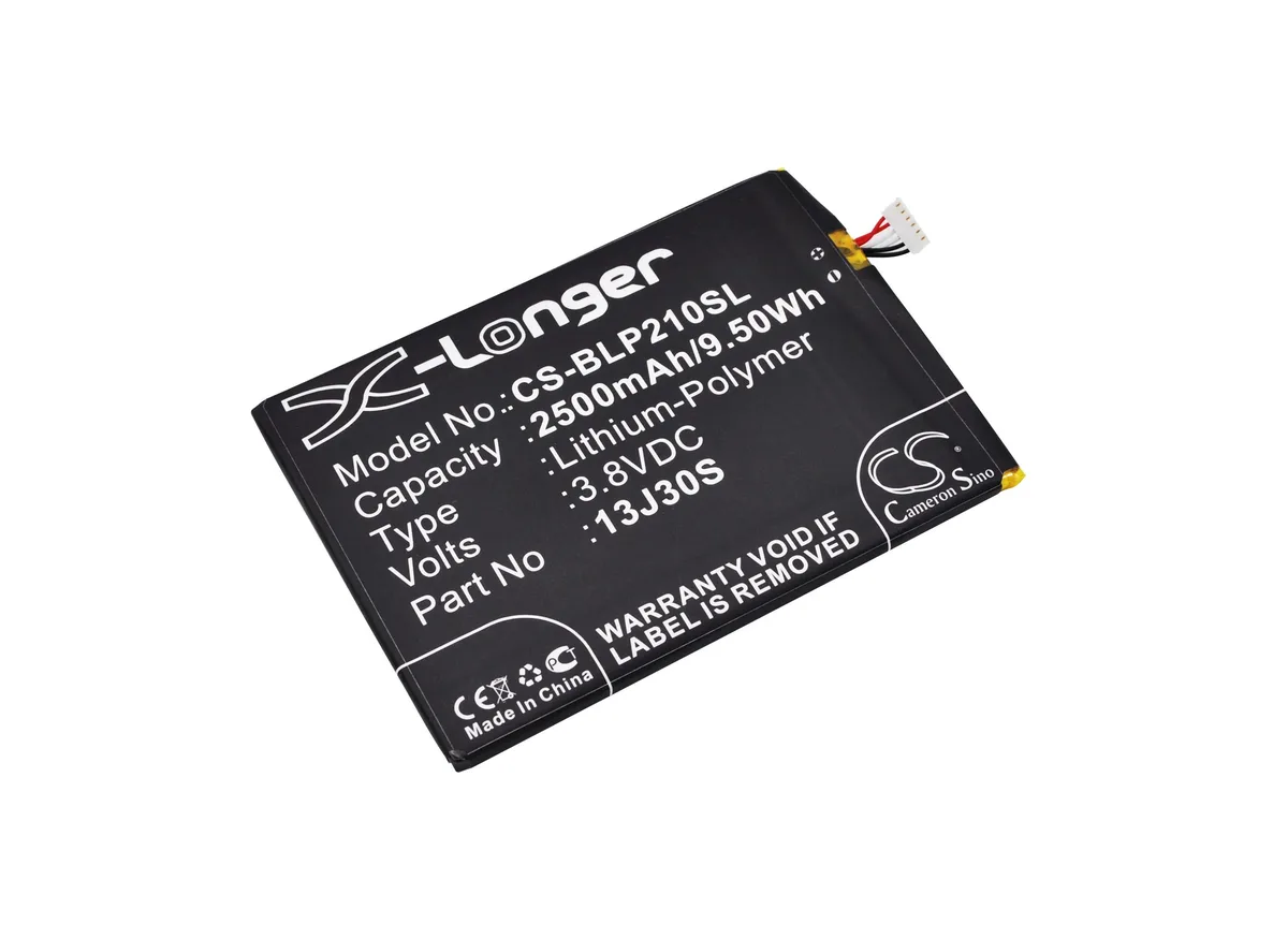 Rectangular Cameron Sino replacement battery, dark plastic casing, label showing model L210a