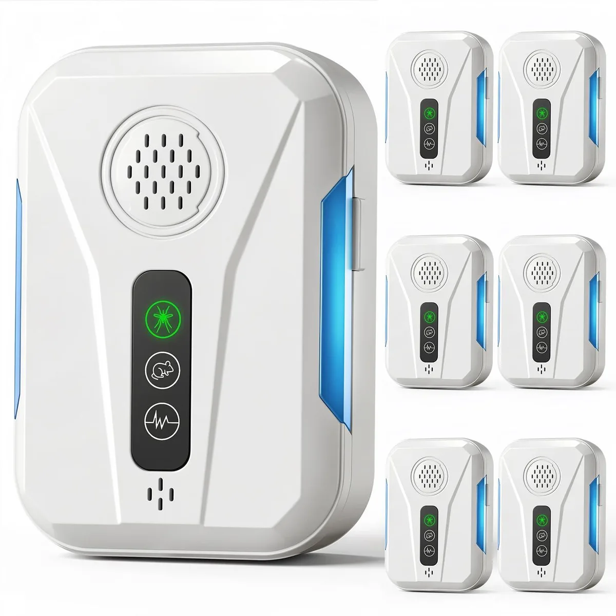 White rectangular plug-in ultrasonic pest repeller with blue indicator light