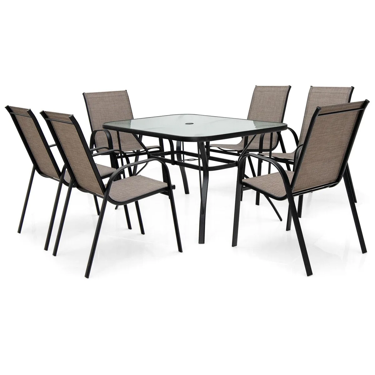 Brown 7-piece patio dining set with 6 stackable chairs and rectangular tempered glass table
