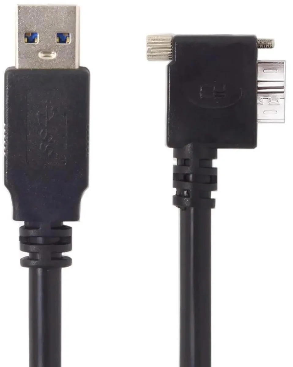 Blue USB 3.0 cable with left-angled Micro-B plug and panel mount screws, five metres long