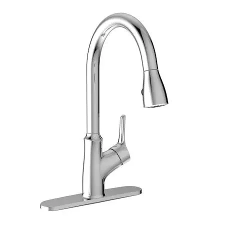 Polished chrome single-handle pull-down kitchen faucet with deck plate