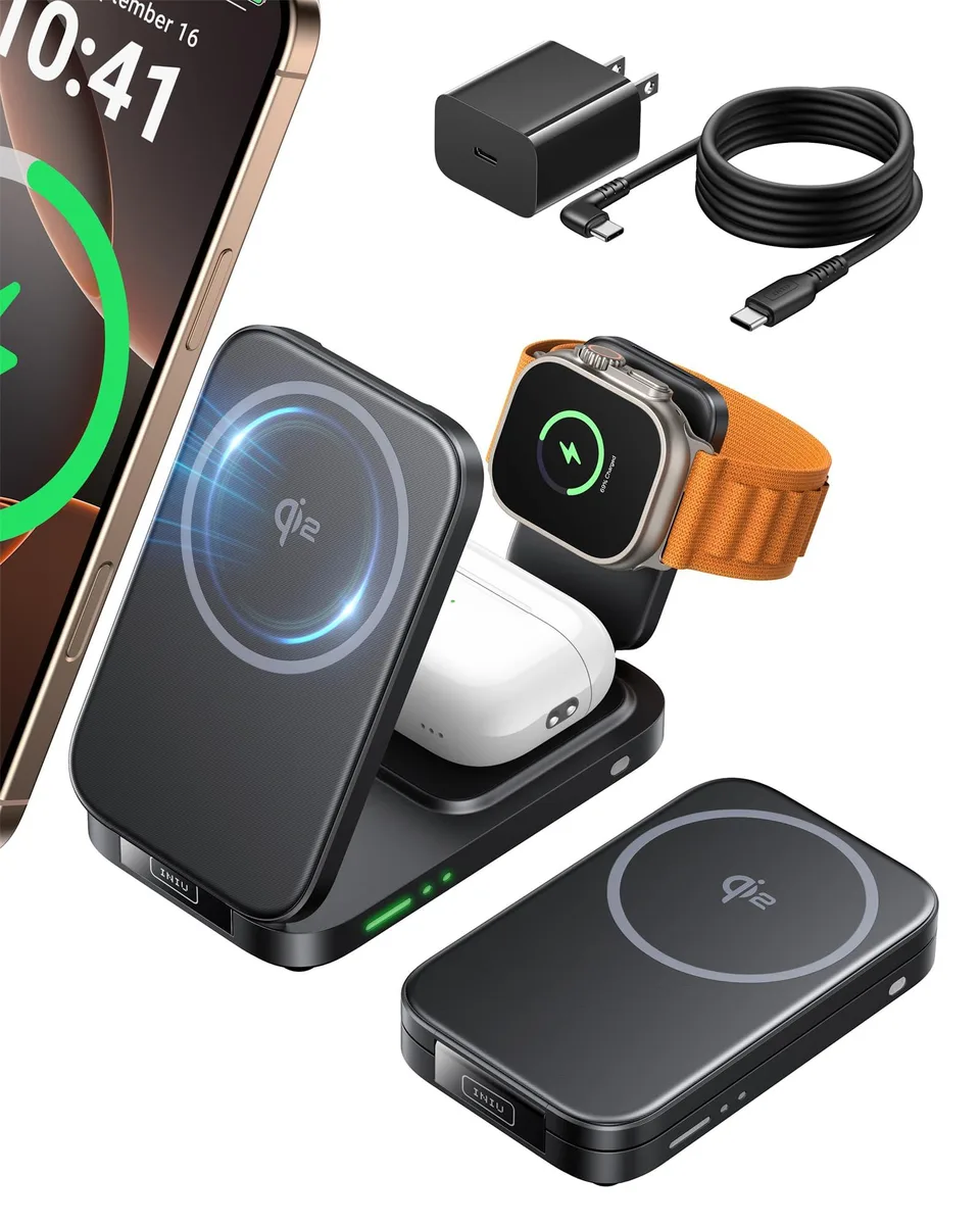 Foldable 3-in-1 wireless charger stand for iPhone, Apple Watch, AirPods