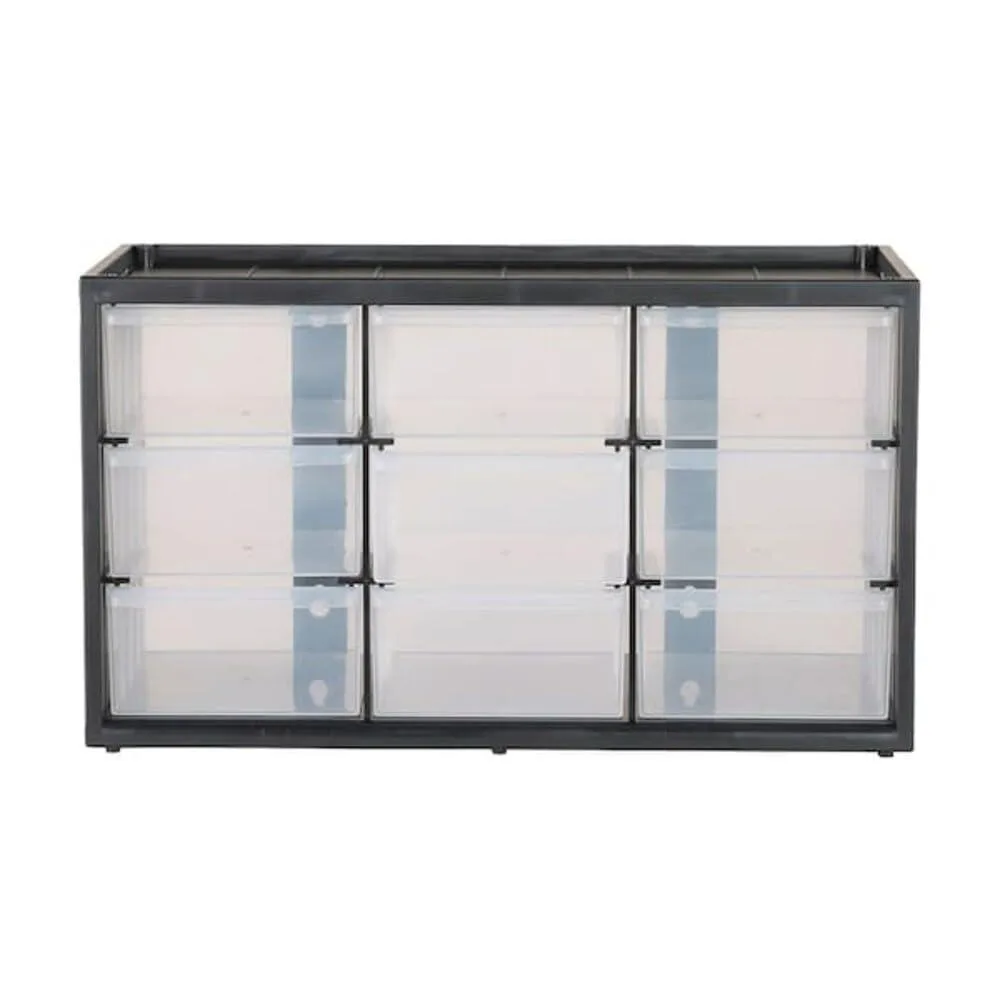 Black plastic 9-drawer modular storage unit, transparent drawers, stackable or wall-mountable, 14.24 W x 6.045 L x 8.3 H inches