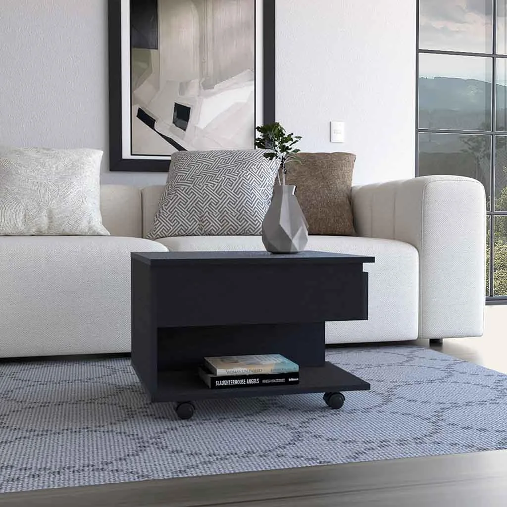 Black lift-top coffee table on locking casters with open shelf