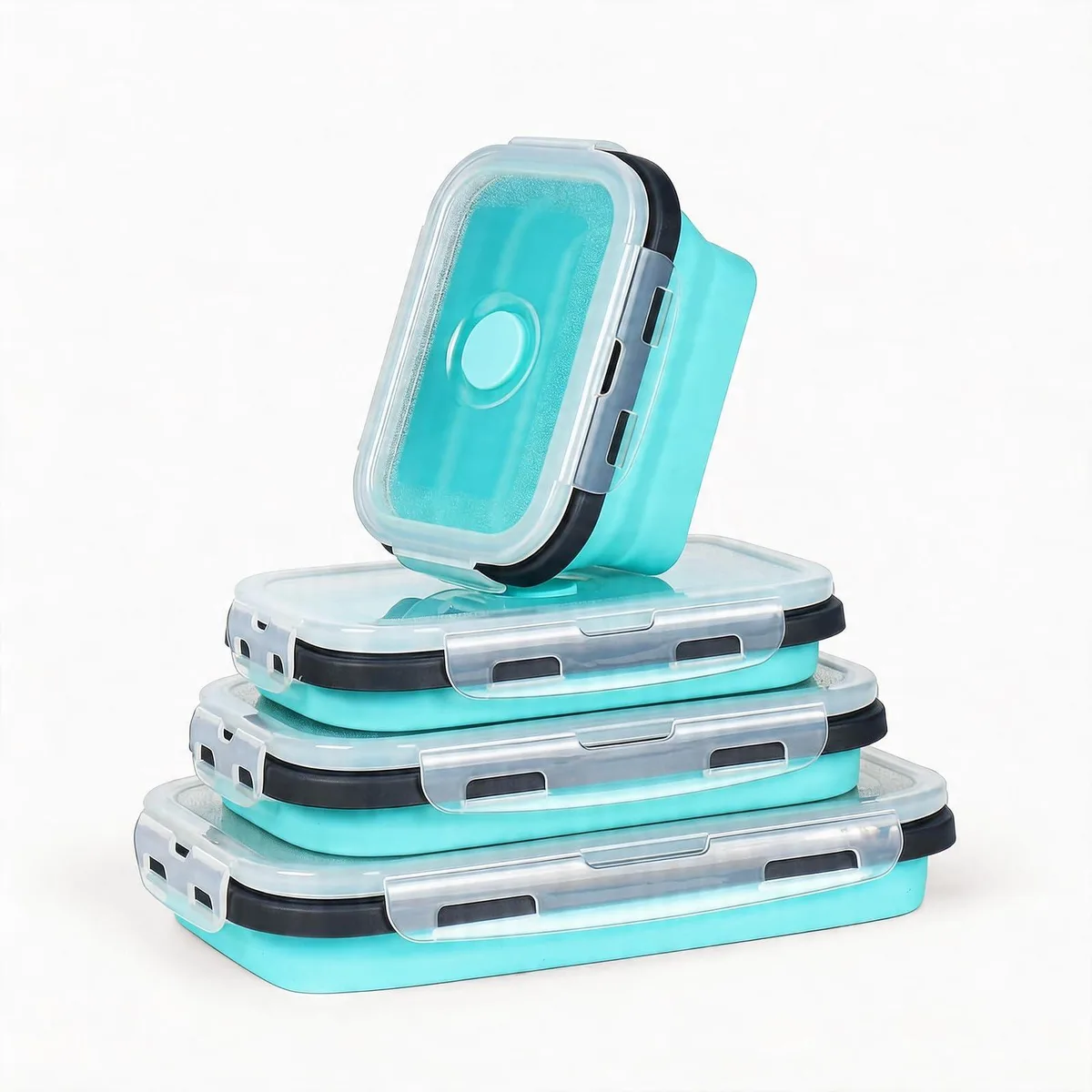 Four red collapsible silicone containers with vented lids