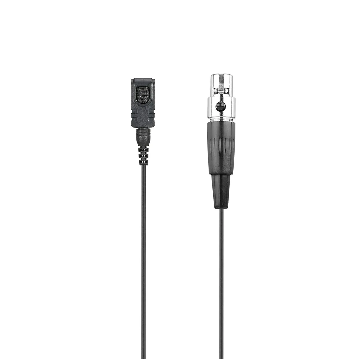Small black lavalier microphone with TA4F locking connector and included windscreens, clips, and case