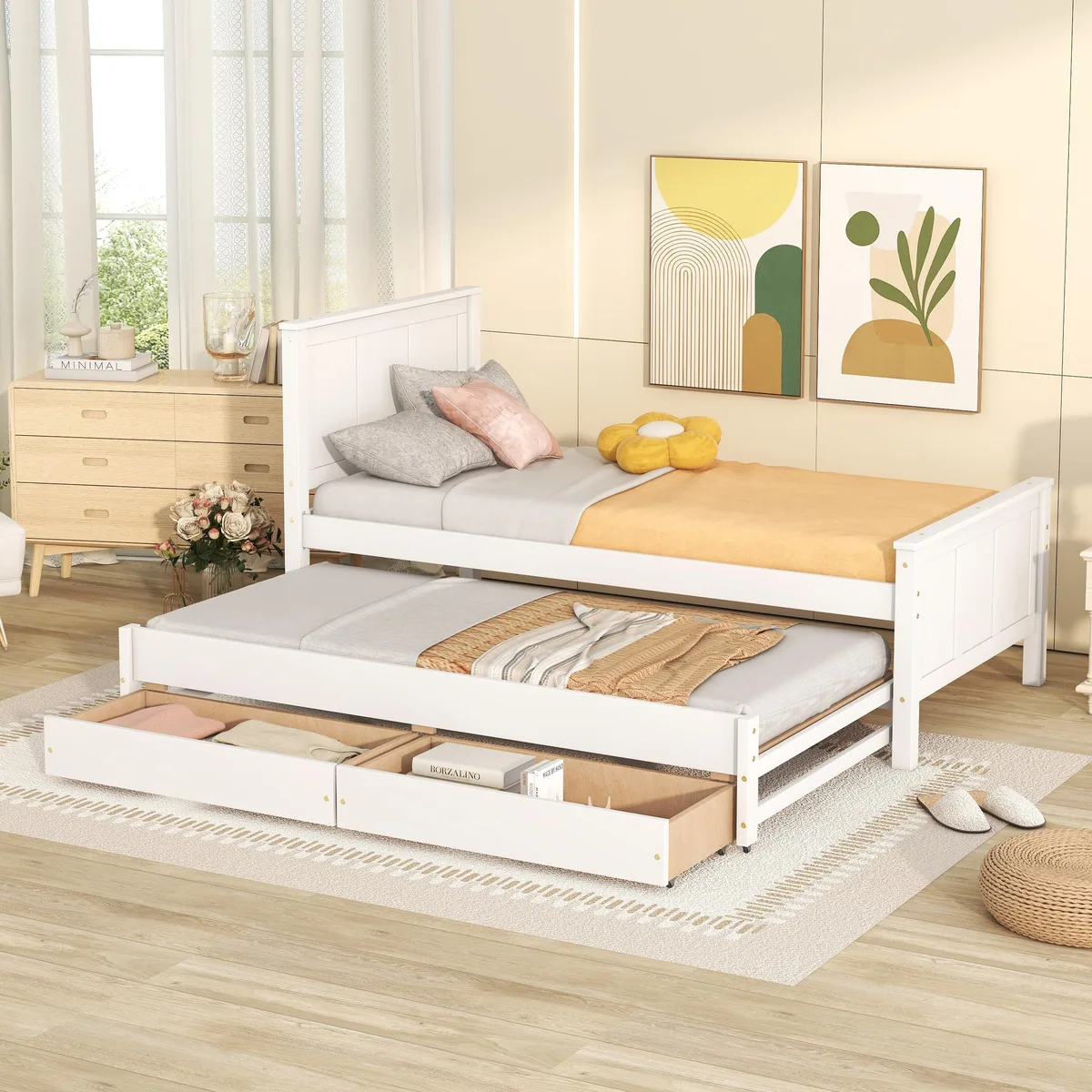 tuphen tuphen Twin Platform Bed with Trundle &amp; 2 Drawers, White — product photo