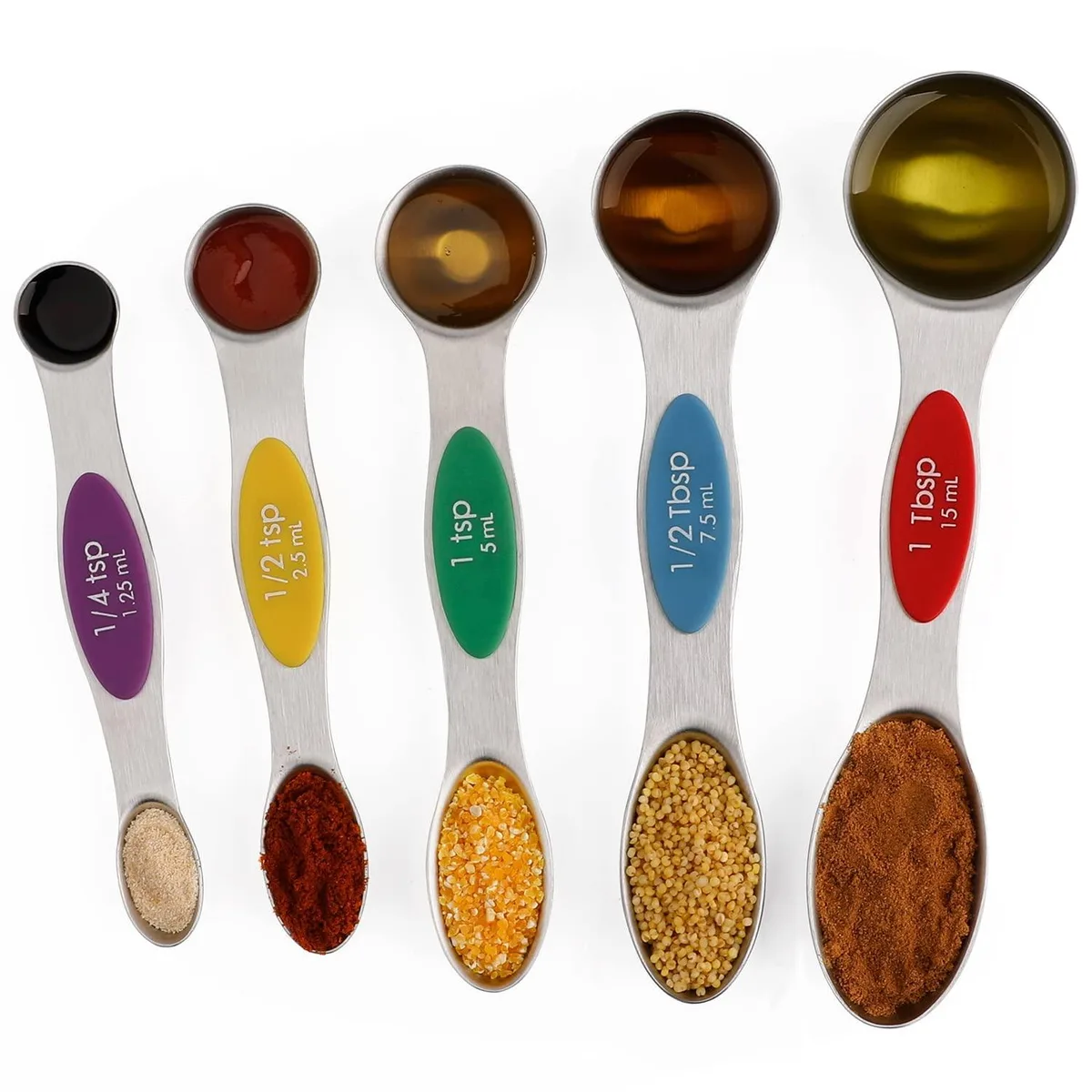 Five stainless steel dual-ended magnetic measuring spoons, brushed finish